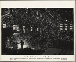 Sparks of molten steel thrown from pouring end of water-cooled casting machine during pouring and spinning