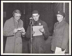 Lt. Col. William E. Slater, James F. Halloran, and Colonel John Mather, commanding officer, Watertown Arsenal, rehearsing script for Army Hour broadcast