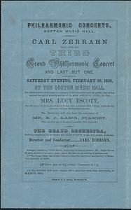 Philharmonic concerts, Boston Music Hall, Carl serrano will give his third grand philharmonic concert and last but one, on Saturday evening, February 26, 1859 at the Boston Music Hall