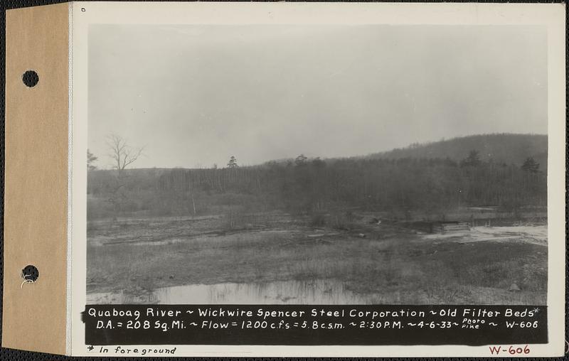 Quaboag River, Wickwire Spencer Steel Corp., old filter beds in foreground, drainage area = 208 square miles, flow 1200 cubic feet per second = 5.8 cubic feet per second per square mile, Spencer, Mass., 2:30 PM, Apr. 6, 1933