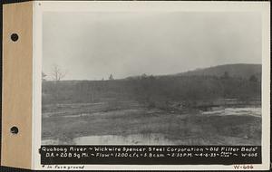 Quaboag River, Wickwire Spencer Steel Corp., old filter beds in foreground, drainage area = 208 square miles, flow 1200 cubic feet per second = 5.8 cubic feet per second per square mile, Spencer, Mass., 2:30 PM, Apr. 6, 1933