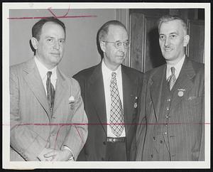 Massachusetts Dentists Meet--Present at the 85th annual meeting of the Massachusetts Dental Society at the Hotel Statler yesterday were, left to right, Dr. Herbert L. Margolis, retiring president; Dr. Philip E. Adams, president-elect of the American Dental Association, and Dr. J. Murray Gavel, president.