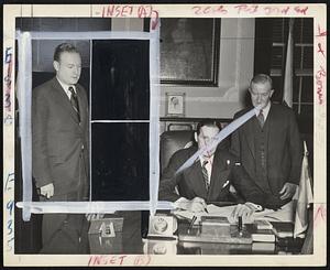 Credit Unions May Now Own Their Own Property by virtue of a bill signed by Gov. Tobin. Here the governor affixes his signature as (left to right) Rep. Robert J. Connolly of Boston, Joseph Campana, chairman of the legislative committee, Credit Union League of Massachusetts, and William B. Jensen, director of credit unions, State Banking Department, look on.