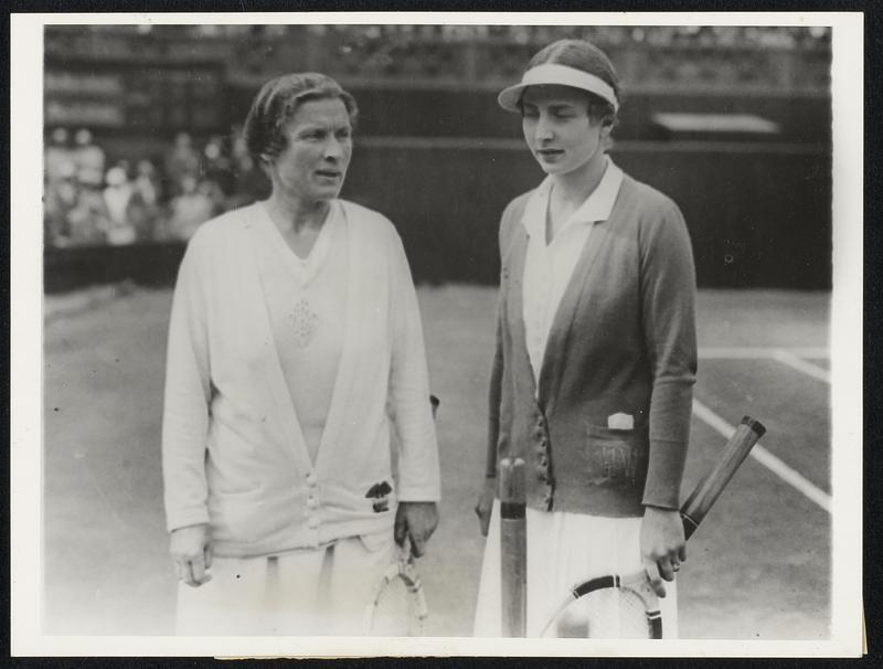 American Rivals in Women's Final at Wimbledon (left), Miss Elizabeth Ryan/and Mrs. Helen Wills Moody, as they appeared just before their singles tennis championship match at Wimbledon, England, recently. Mrs. Moody carried off the singles crown for the fourth consecutive year by defeating Miss Ryan, 6-2; 6-2.