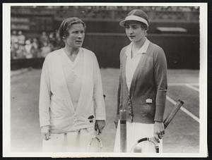 American Rivals in Women's Final at Wimbledon (left), Miss Elizabeth Ryan/and Mrs. Helen Wilis Moody, as they appeared just before their singles tennis championship match at Wimbledon, England, recently. Mrs. Moody carried off the singles crown for the fourth consecutive year by defeating Miss Ryan, 6-2; 6-2.