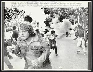 Police fought pitched battles for the second straight day 4/16 with radicals who hurled rocks, smashed windows on the battered University of California campus.