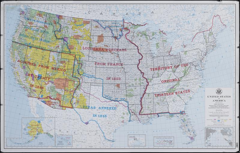 United States of America, showing the extent of public land surveys, remaining public land, historical boundaries, national forests, Indian reservations, wildlife refuges, national parks, and monuments