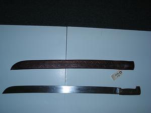Horn hilt machete with leather scabbard