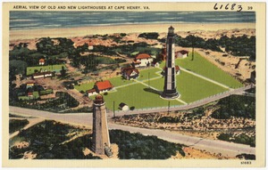 Aerial view of old and new lighthouses at Cape Henry, VA.