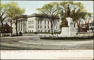 City Hall Square, showing public library and Soldiers' Monument. Lynn, Mass.