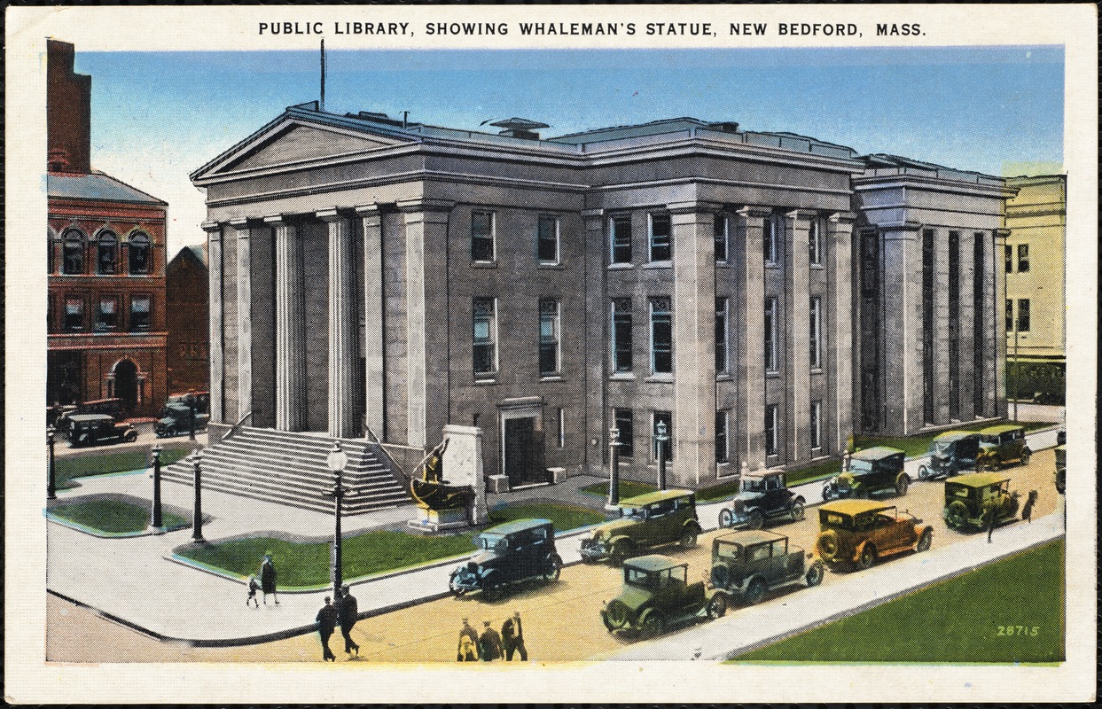 Public library, showing Whaleman's Statue, New Bedford, Mass.