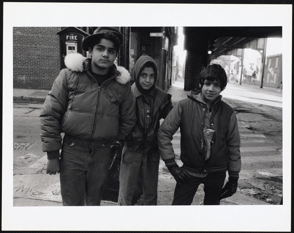 Three boys standing on corner of Glen Road and Washington Street below the elevated train tracks