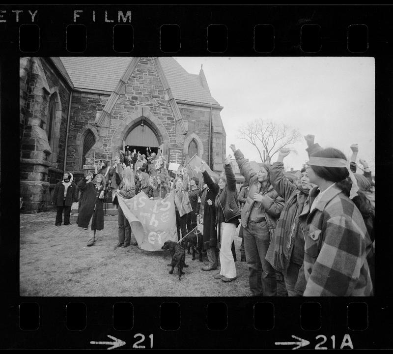 Feminist parade marchers at Cambridge Baptist Church, Cambridge