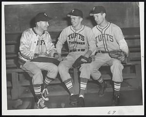Happy Jumbos look optimistically towards the coming college baseball season. Left to right are Coach Jit Ricker, Shortstop Bob Gardner and second Baseman Fran O'Brien. Ricker calls the keystone pair the best in New England College ball and the best he has ever coached in his 10 years at Tufts.