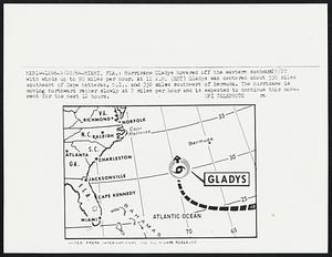 Hurricane Gladys hovered off the eastern seaboard 9/20 with winds up to 90 miles per hour. At 11 A.M. (EST) Gladys was centered about 550 miles southeast of Cape Hatteras, N.C., and 350 miles southwest of Bermuda, The hurricane 1s moving northward rather slowly at 7 miles per hour and is expected to continue this movement for the next 12 hours.