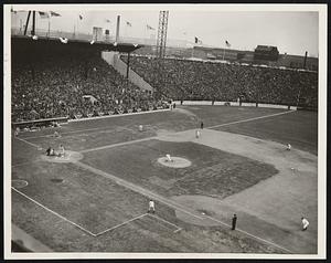 International League Opener Draws a Record Crowd. A general view of the International League opening baseball game between the Jersey Giants and the Buffalo Bisons at Roosevelt Stadium here today. The attendance at the game was 45,112, a record. The Bisons won the contest, the final tally being, 3-2. Mayor Frank Hague threw in the first ball.