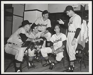 Boss Greets his New Players. Detroit Tigers manager Fred Hutchinson, right, sees his new players in Tigers uniform for the first time as they met in Fenway Park tonight (June 16th) for a night game with the Boston Red Sox. The new players, received in a four for four swap with Cleveland, are (l-r): All Aber; Dick Weik; Steve Gromek, all pitchers, and Ray Boon, infielder.