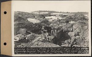 Contract No. 80, High Level Distribution Reservoir, Weston, looking northerly from a point 60 feet right of Sta. 892+50+/-, showing second pouring of gatehouse, high level distribution reservoir, Weston, Mass., Mar. 13, 1940