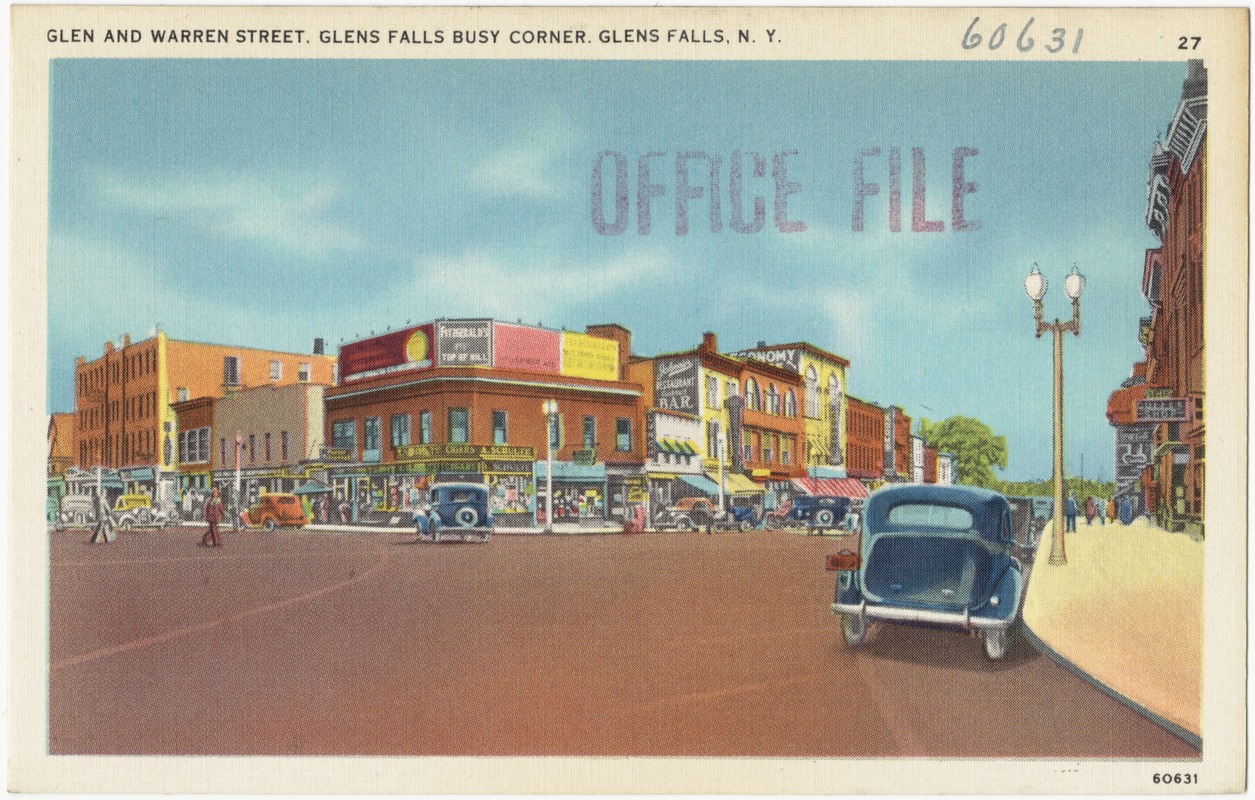 Glen and Warren Street, Glens Falls busy corner, Glens Falls, N. Y.