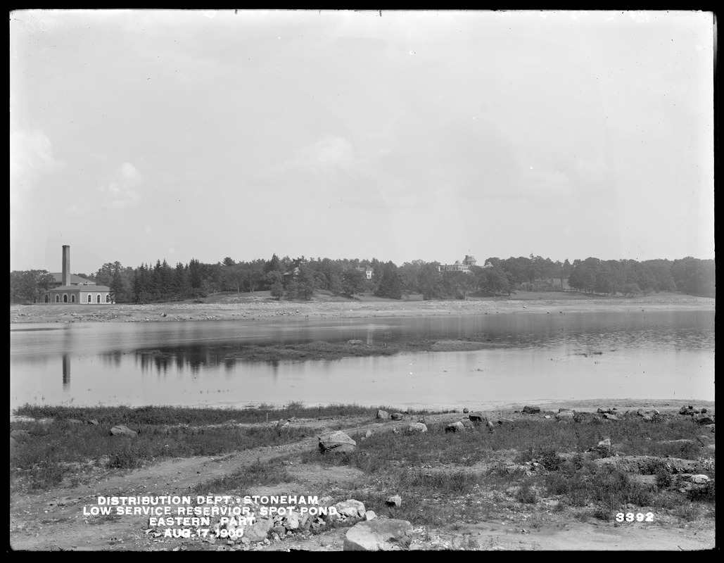 Distribution Department, Low Service Spot Pond Reservoir, eastern part, panoramic view of Spot Pond from the "Island of the Two Trees", Stoneham, Mass., Aug. 17, 1900