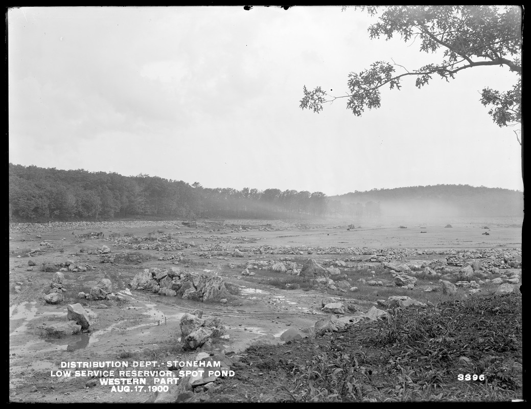 Distribution Department, Low Service Spot Pond Reservoir, western part, panoramic view of Spot Pond from the "Island of the Two Trees", Stoneham, Mass., Aug. 17, 1900