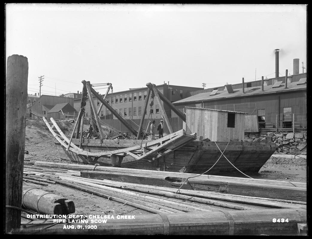 Distribution Department, Low Service Pipe Lines, pipe-laying scow, Chelsea Creek; Chelsea; East Boston, Mass., Aug. 31, 1900