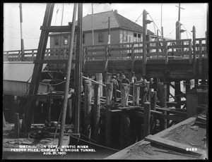 Distribution Department, Low Service Pipe Lines, fender piles, Chelsea North Bridge Tunnel, Mystic River; Charlestown; Chelsea, Mass., Aug. 31, 1900