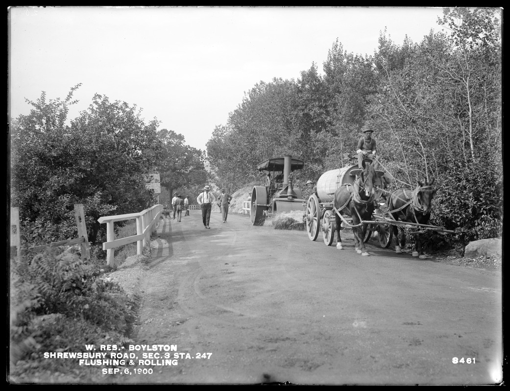 Wachusett Reservoir, Shrewsbury Road, Section 3, west of station 247, flushing and rolling, Boylston, Mass., Sep. 6, 1900