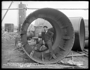 Distribution Department, Low Service Pipe Lines, steel cylinder for tunnel shaft at Chelsea North Bridge, Chelsea Creek; Charlestown; Chelsea, Mass., Sep. 14, 1900