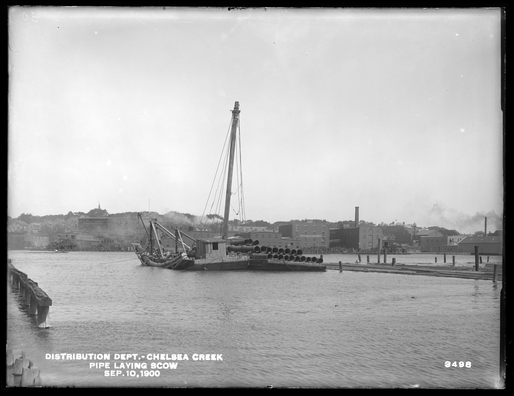 Distribution Department, Low Service Pipe Lines, pipe-laying scow, Chelsea Creek; Chelsea; East Boston, Mass., Sep. 10, 1900