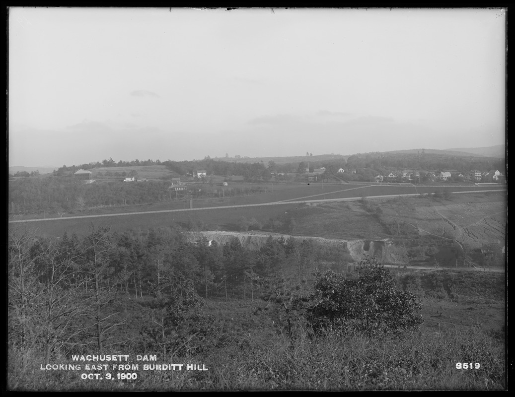 Wachusett Dam, panoramic view from Burditt Hill, looking easterly, Clinton, Mass., Oct. 3, 1900