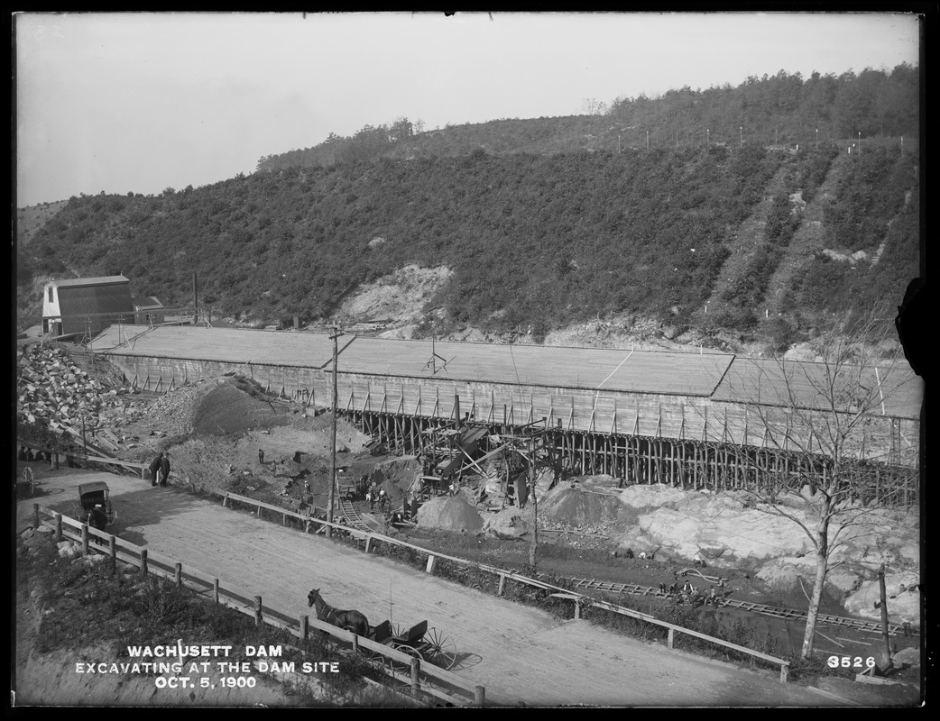 Wachusett Dam, excavating at dam site, looking westerly, Clinton, Mass., Oct. 5, 1900