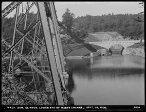 Wachusett Dam, lower end of waste channel, looking towards highway bridge and ironwork of viaduct, Clinton, Mass., Sep. 28, 1905