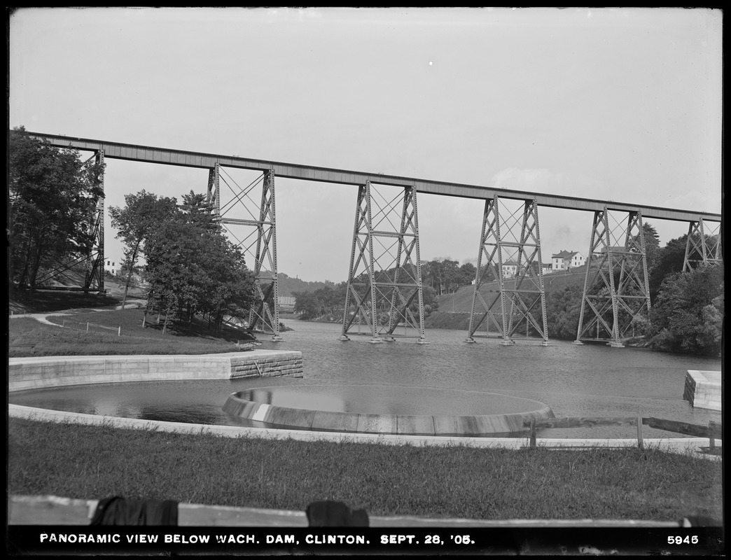 Wachusett Dam, panoramic view below dam, Pool and viaduct, Clinton, Mass., Sep. 28, 1905