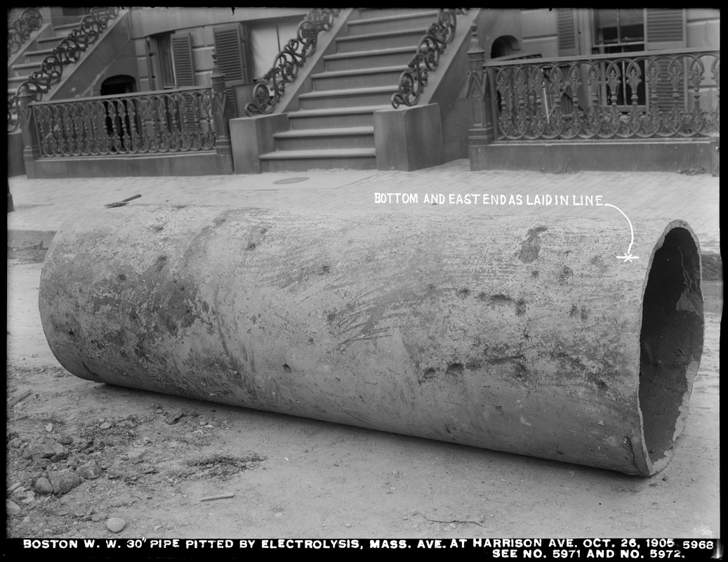 Electrolysis, Boston Water Works, Massachusetts Avenue at Harrison Avenue, 30-inch pipe pitted by electrolysis (compare with Nos. 5971 and 5972), Boston, Mass., Oct. 26, 1905