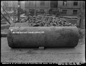 Electrolysis, Boston Water Works, Massachusetts Avenue at Harrison Avenue, 30-inch pipe pitted by electrolysis (compare with Nos. 5971 and 5972), Boston, Mass., Oct. 26, 1905