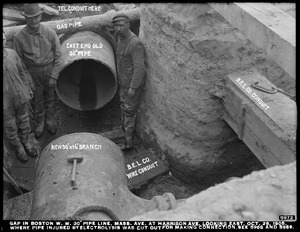 Electrolysis, Boston Water Works, Massachusetts Avenue at Harrison Avenue, gap in 30-inch pipe line where pipe injured by electrolysis was removed to make new connection, looking east (compare with Nos. 5968 and 5969), Boston, Mass., Oct. 26, 1905