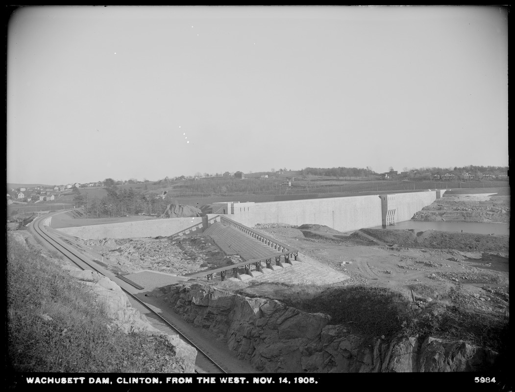 Wachusett Dam, upstream face of dam and Waste Weir, from the west, Clinton, Mass., Nov. 14, 1905