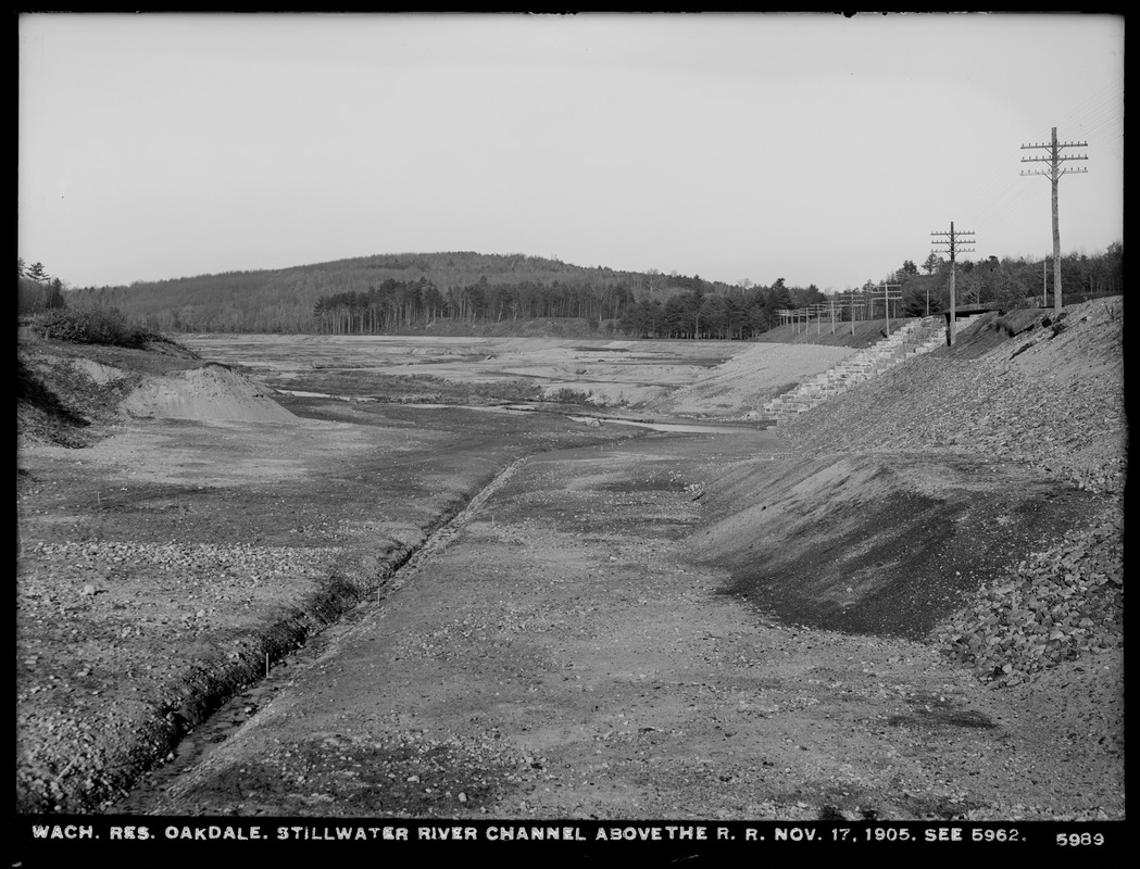 Wachusett Reservoir, Stillwater River channel, above the railroad (compare with No. 5962), Oakdale, West Boylston, Mass., Nov. 17, 1905