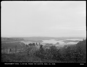 Wachusett Dam, downstream face of dam, from the north (from Burditt Hill), Clinton, Mass., Nov. 22, 1905