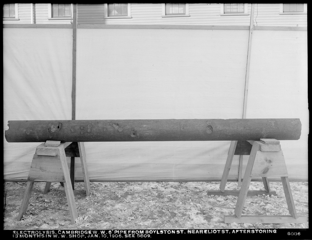 Electrolysis, Cambridge Water Works, 6-inch pipe from Boylston Street near Eliot Street, showing electrolytic pittings after storing 13 months in Water Works shop (compare with No. 5809), Cambridge, Mass., Jan. 10, 1906