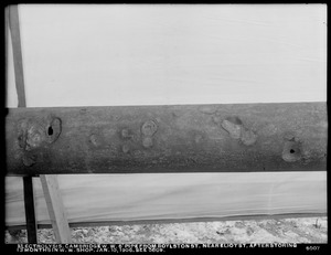 Electrolysis, Cambridge Water Works, 6-inch pipe from Boylston Street near Eliot Street, showing electrolytic pittings after storing 13 months in Water Works shop (compare with No. 5809), Cambridge, Mass., Jan. 10, 1906