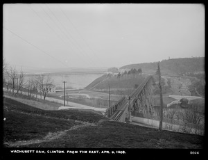 Wachusett Dam, dam and gatehouse, from the east, viaduct, highway bridge, lower end of waste channel, Clinton, Mass., Apr. 9, 1906