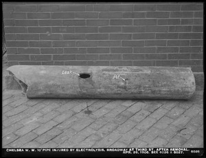 Electrolysis, Chelsea Water Works, Broadway at Third Street, 10-inch cast-iron pipe injured by electrolysis, photograph after removal (compare with Nos. 6026 and 6027); age 20 years, exposed to electrolysis 13 years, Chelsea, Mass., Apr. 26, 1906