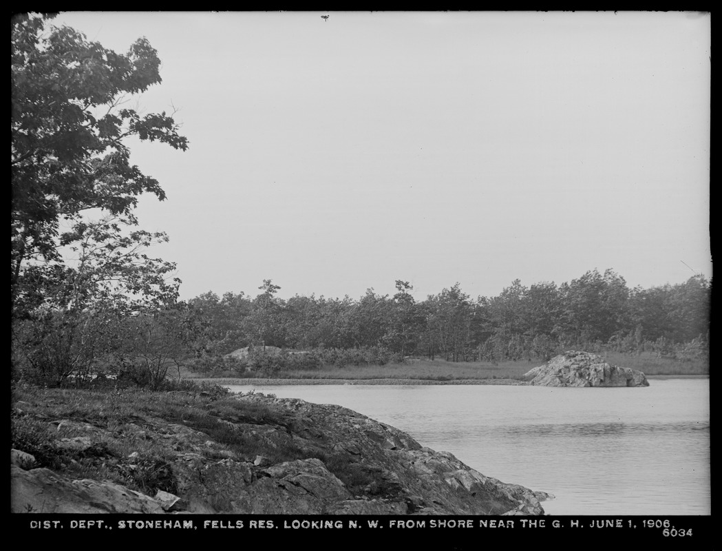Distribution Department, Northern High Service Middlesex Fells Reservoir, looking northwest from shore near Gatehouse, Stoneham, Mass., Jun. 1, 1906
