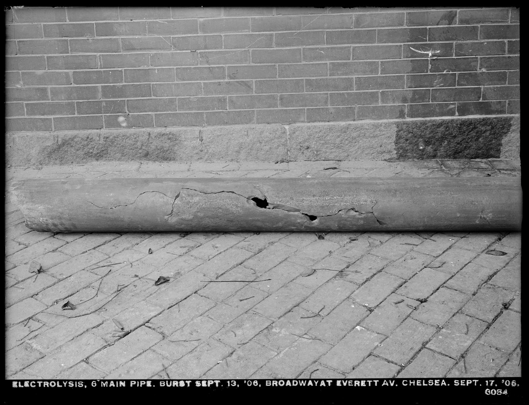Electrolysis, Chelsea Water Works, Broadway at Everett Avenue, 6-inch main showing effects of electrolysis; burst September 13, 1906, Chelsea, Mass., Sep. 17, 1906