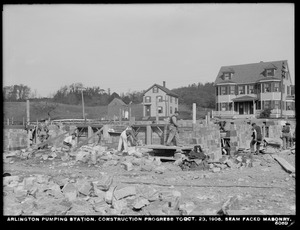 Distribution Department, Arlington Pumping Station, construction progress, seam faced masonry, Arlington, Mass., Oct. 23, 1906