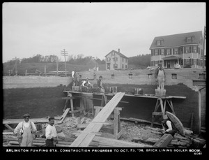 Distribution Department, Arlington Pumping Station, construction progress, brick lining, boiler room, Arlington, Mass., Oct. 23, 1906