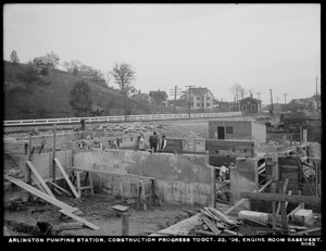 Distribution Department, Arlington Pumping Station, construction progress, engine room basement, Arlington, Mass., Oct. 23, 1906