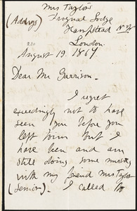 Letter from Sarah Parker Remond, London, [England], to William Lloyd Garrison, 1867 August 19